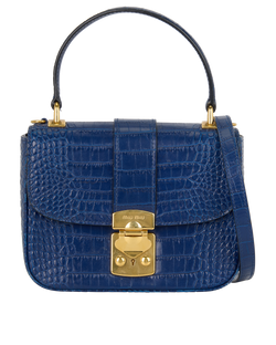 Crocodile Print Top Handle Bag, Leather, Blue, 37, S, 2*